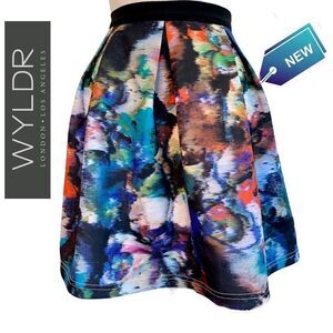 WYLDR NWT  Multi watercolour printed mini skater skirt with black Waistb…